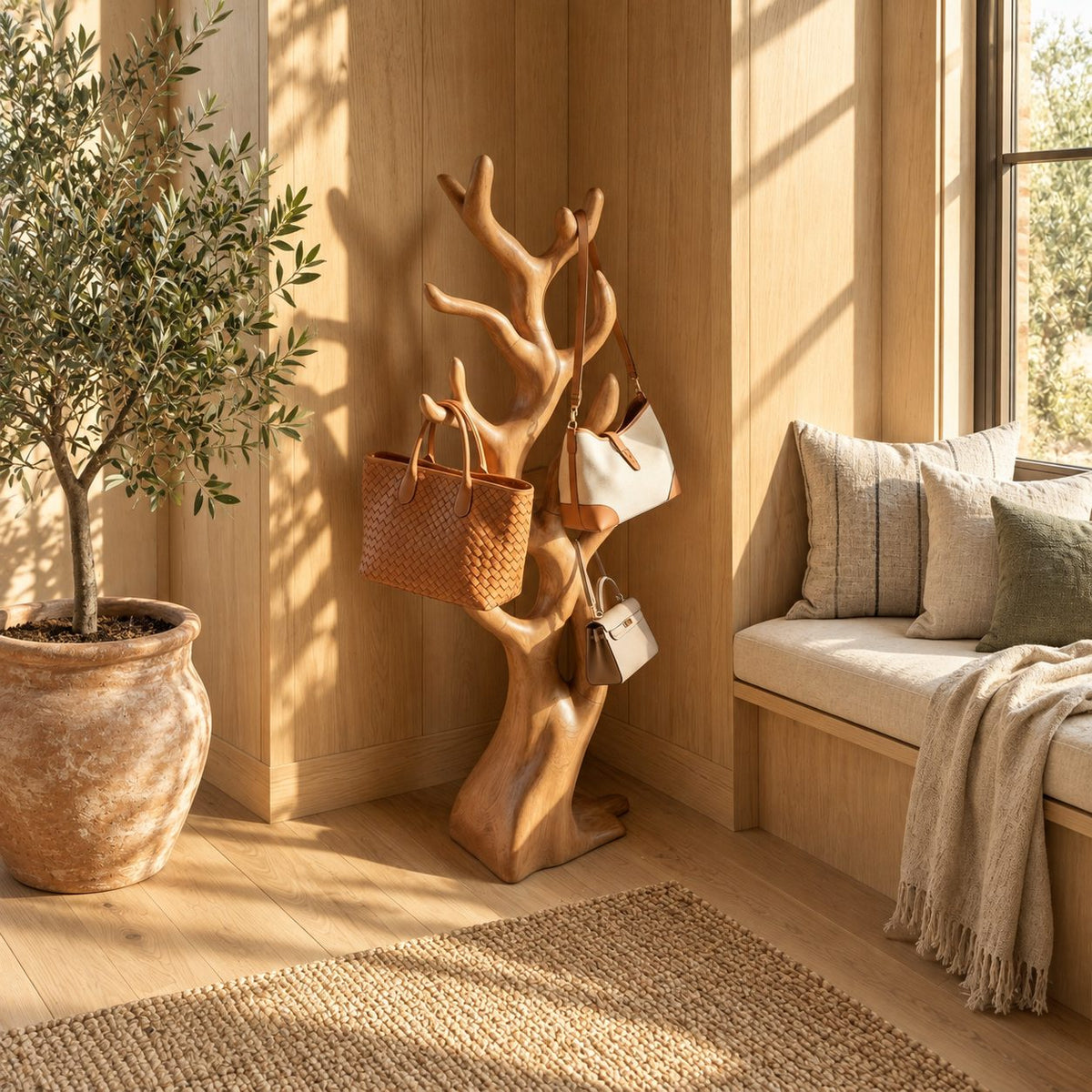 Chunky Sculpted Branch Coat Rack, Freestanding Solid Wood Tree Stand for Bags, Coats and Hats, 60-80 Inch