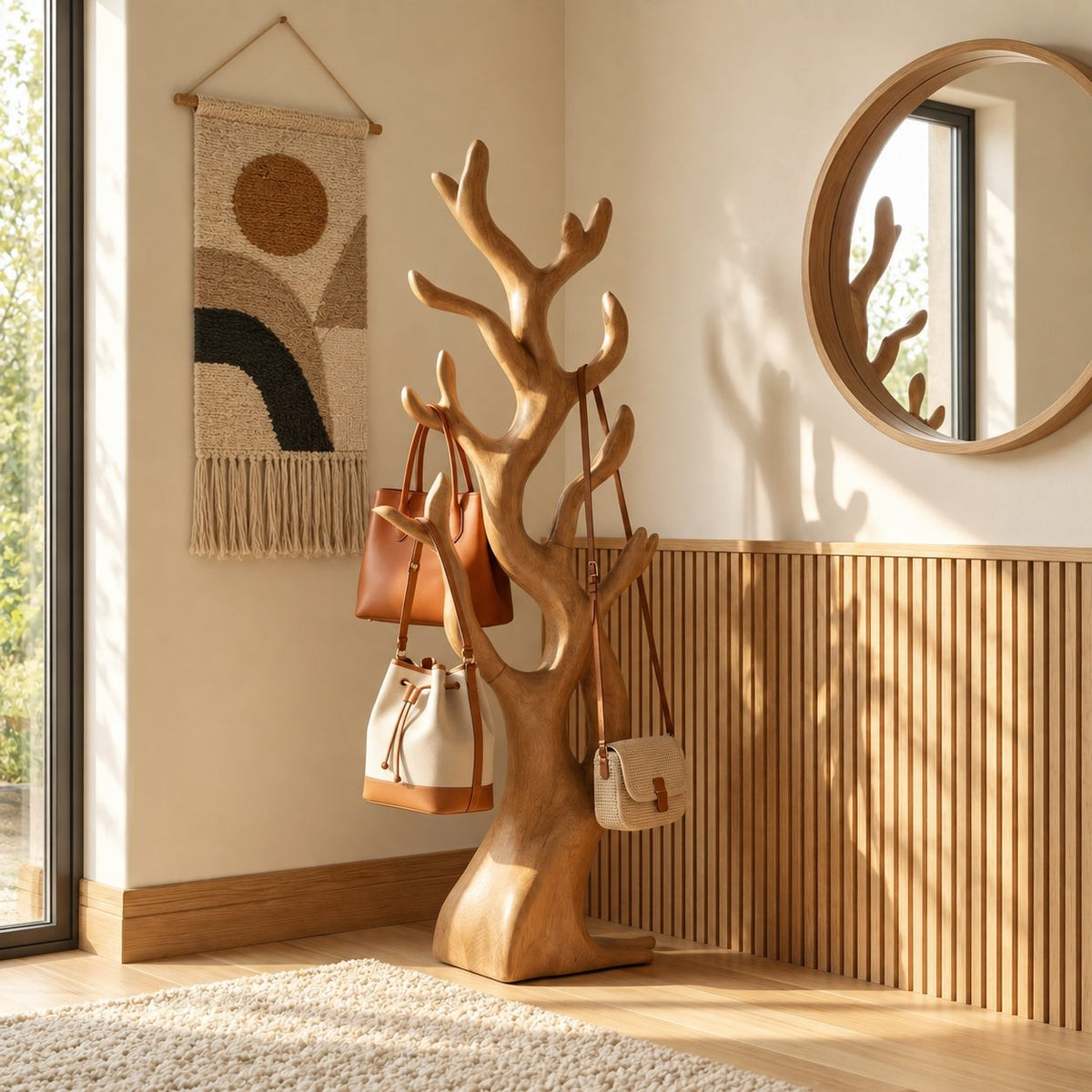 Chunky Sculpted Branch Coat Rack, Freestanding Solid Wood Tree Stand for Bags, Coats and Hats, 60-80 Inch