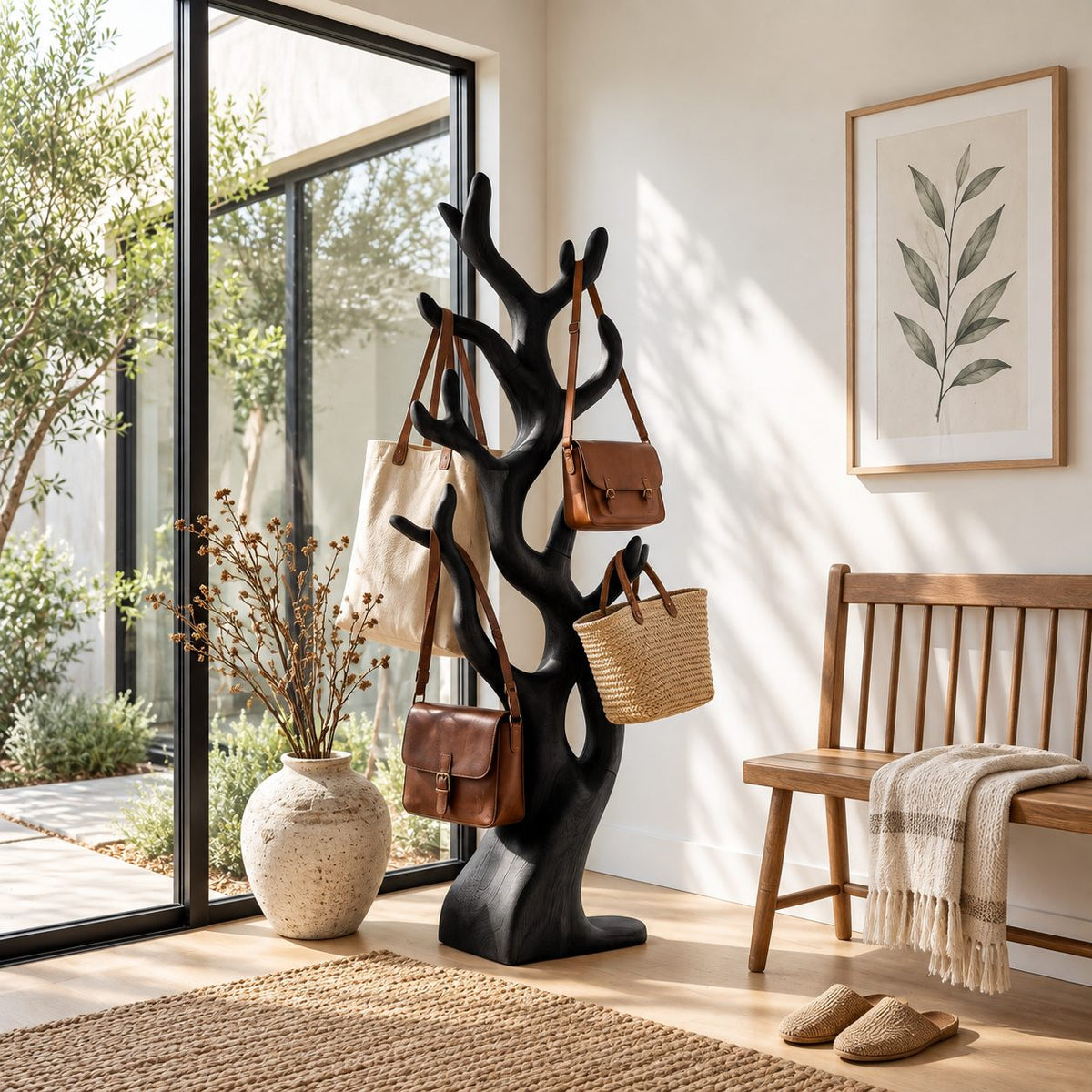 Chunky Sculpted Branch Coat Rack, Freestanding Solid Wood Tree Stand for Bags, Coats and Hats, 60-80 Inch
