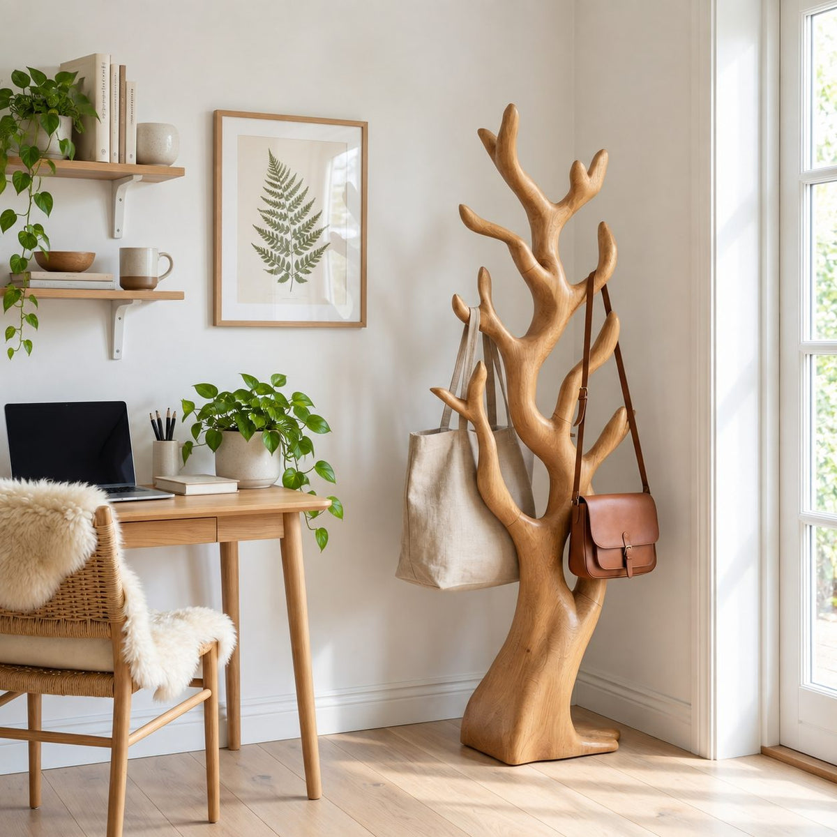 Chunky Sculpted Branch Coat Rack, Freestanding Solid Wood Tree Stand for Bags, Coats and Hats, 60-80 Inch