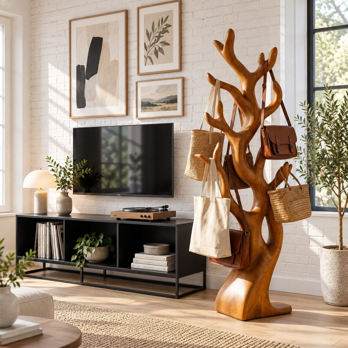Chunky Sculpted Branch Coat Rack, Freestanding Solid Wood Tree Stand for Bags, Coats and Hats, 60-80 Inch