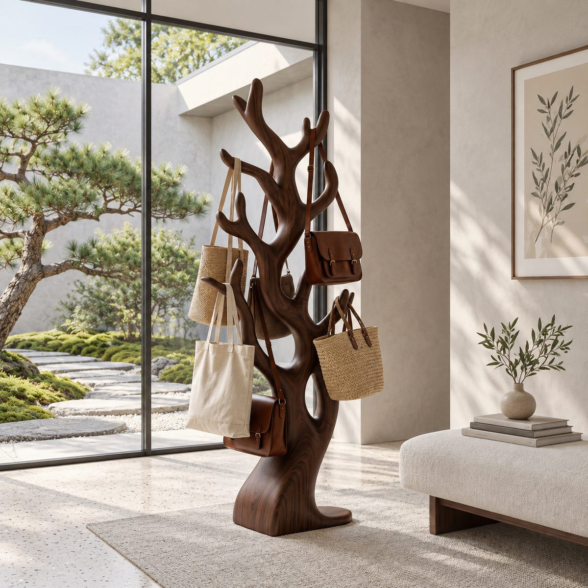 Chunky Sculpted Branch Coat Rack, Freestanding Solid Wood Tree Stand for Bags, Coats and Hats, 60-80 Inch