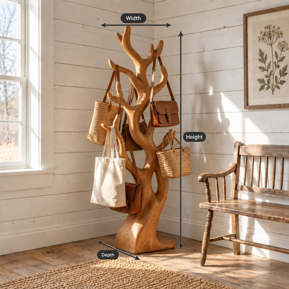 Chunky Sculpted Branch Coat Rack, Freestanding Solid Wood Tree Stand for Bags, Coats and Hats, 60-80 Inch
