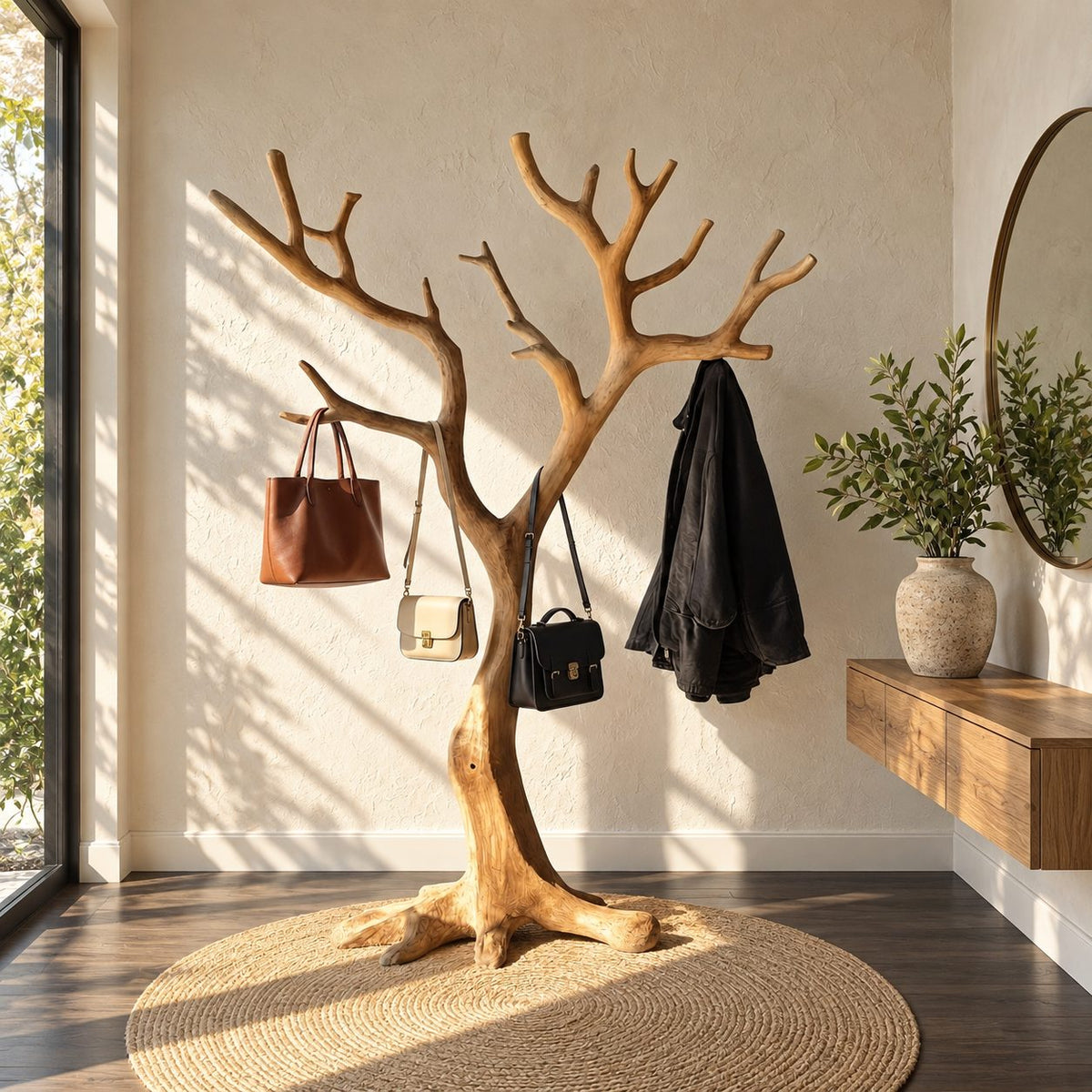 Wide Spreading Tree Coat Rack on Root Base, Freestanding Solid Wood Sculptural Coat Stand, 60-80 Inch