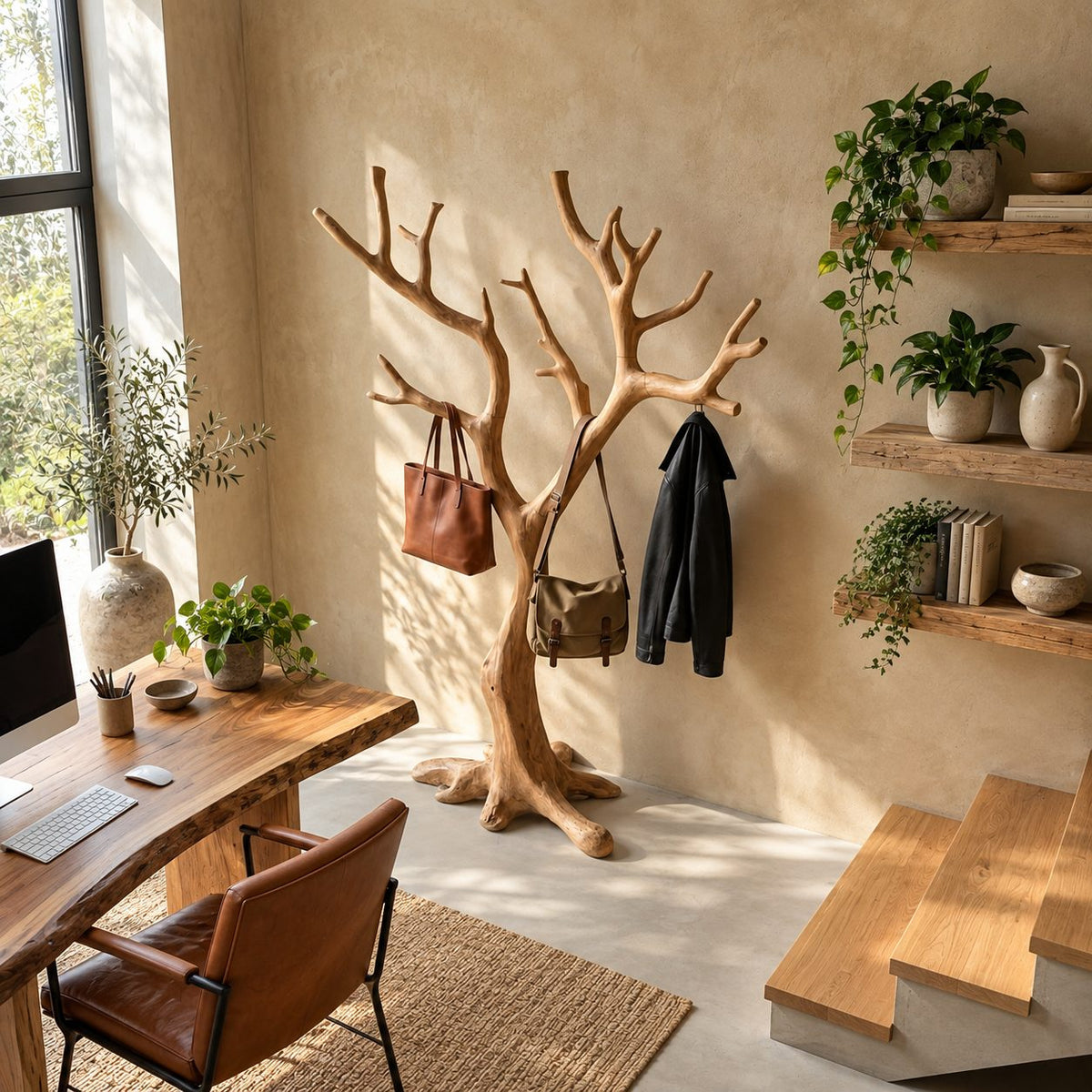 Wide Spreading Tree Coat Rack on Root Base, Freestanding Solid Wood Sculptural Coat Stand, 60-80 Inch
