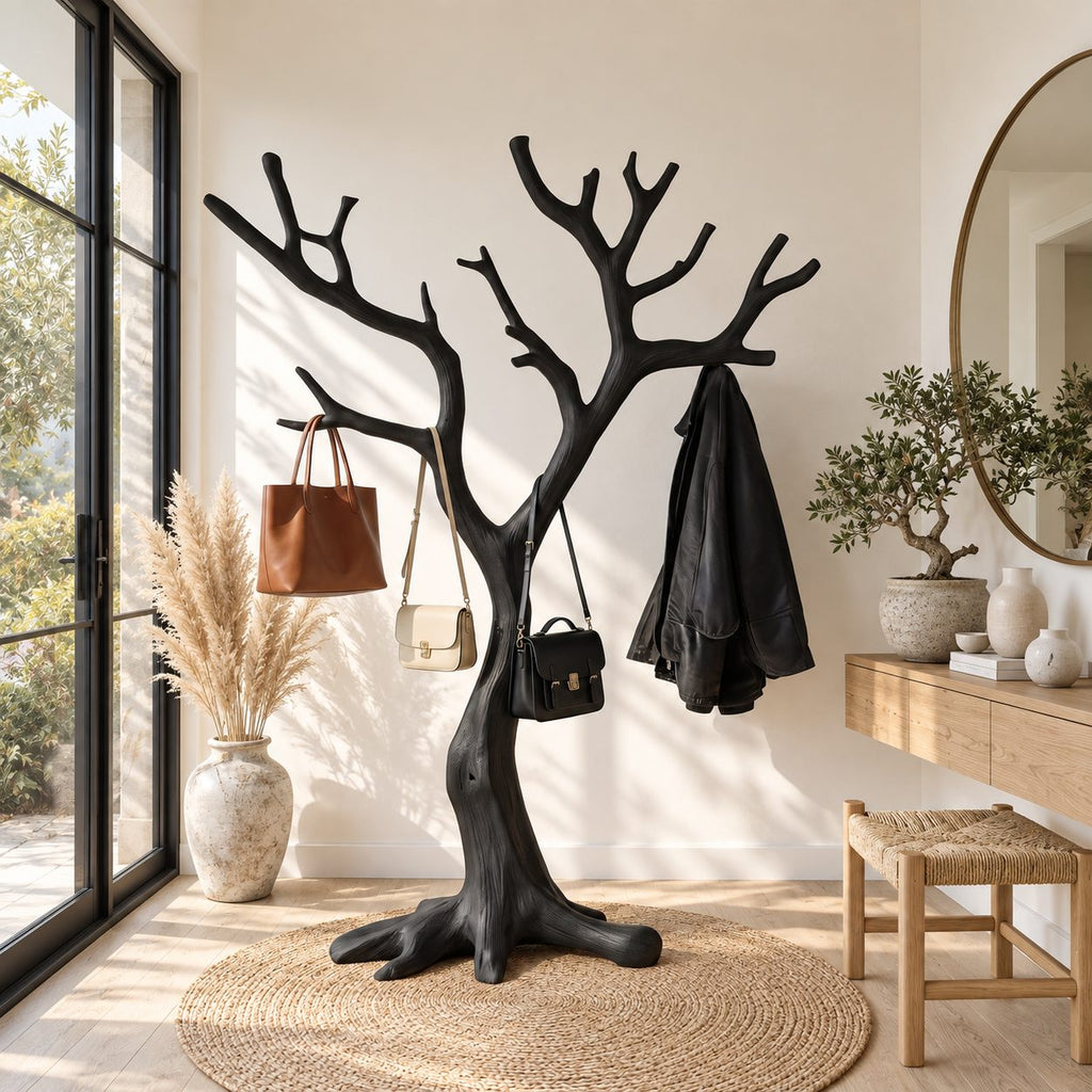 Wide Spreading Tree Coat Rack on Root Base, Freestanding Solid Wood Sculptural Coat Stand, 60-80 Inch