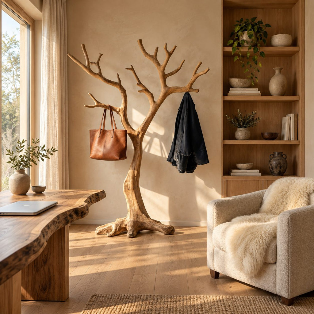 Wide Spreading Tree Coat Rack on Root Base, Freestanding Solid Wood Sculptural Coat Stand, 60-80 Inch