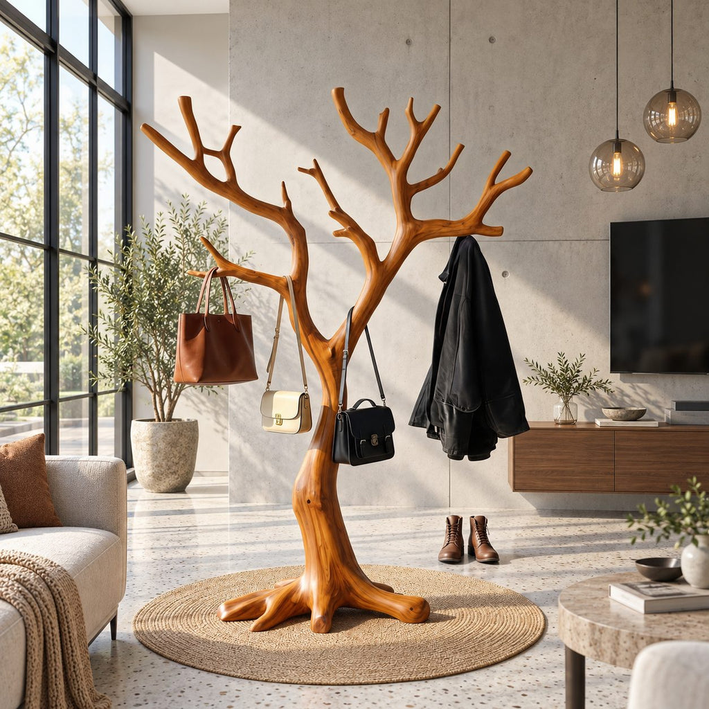 Wide Spreading Tree Coat Rack on Root Base, Freestanding Solid Wood Sculptural Coat Stand, 60-80 Inch