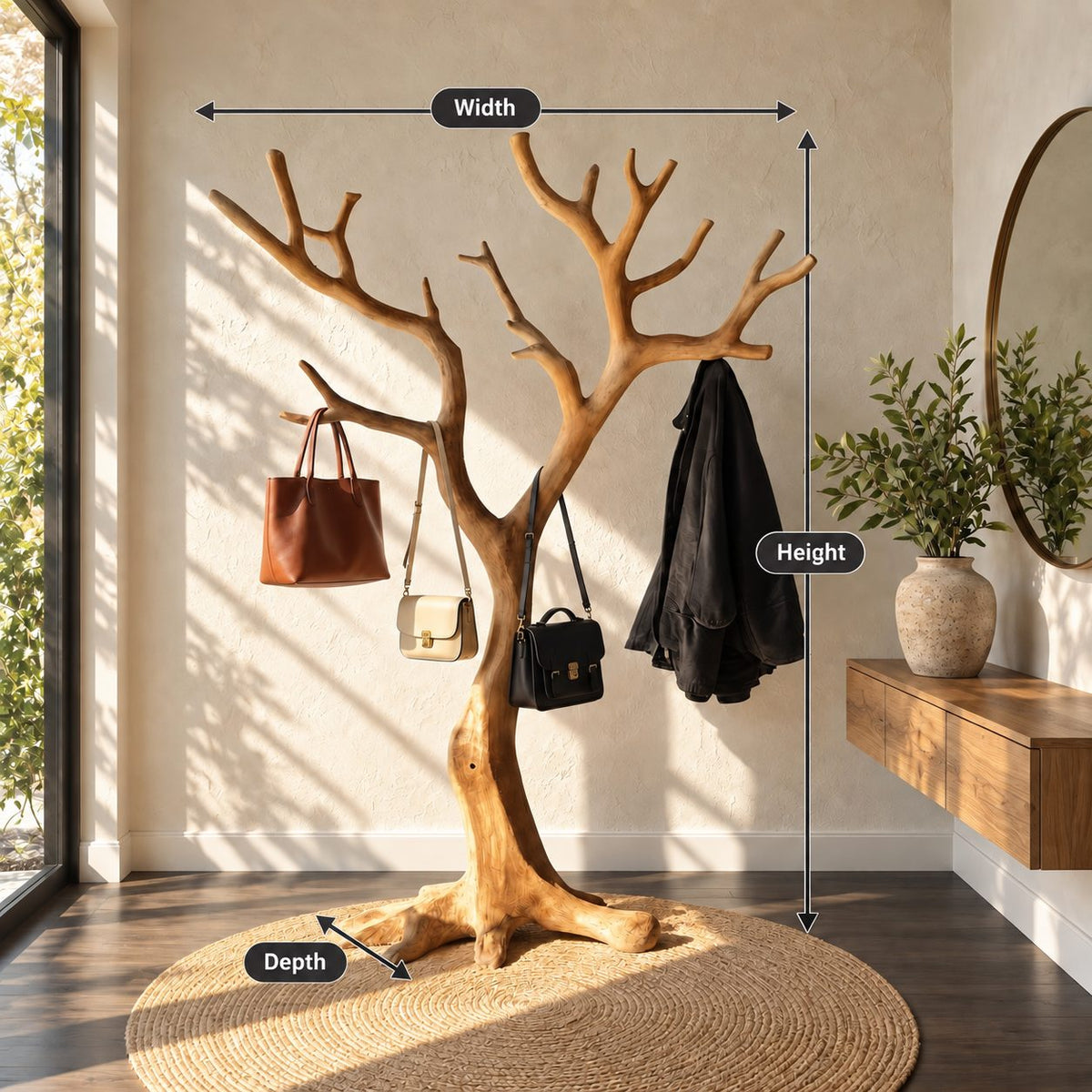 Wide Spreading Tree Coat Rack on Root Base, Freestanding Solid Wood Sculptural Coat Stand, 60-80 Inch