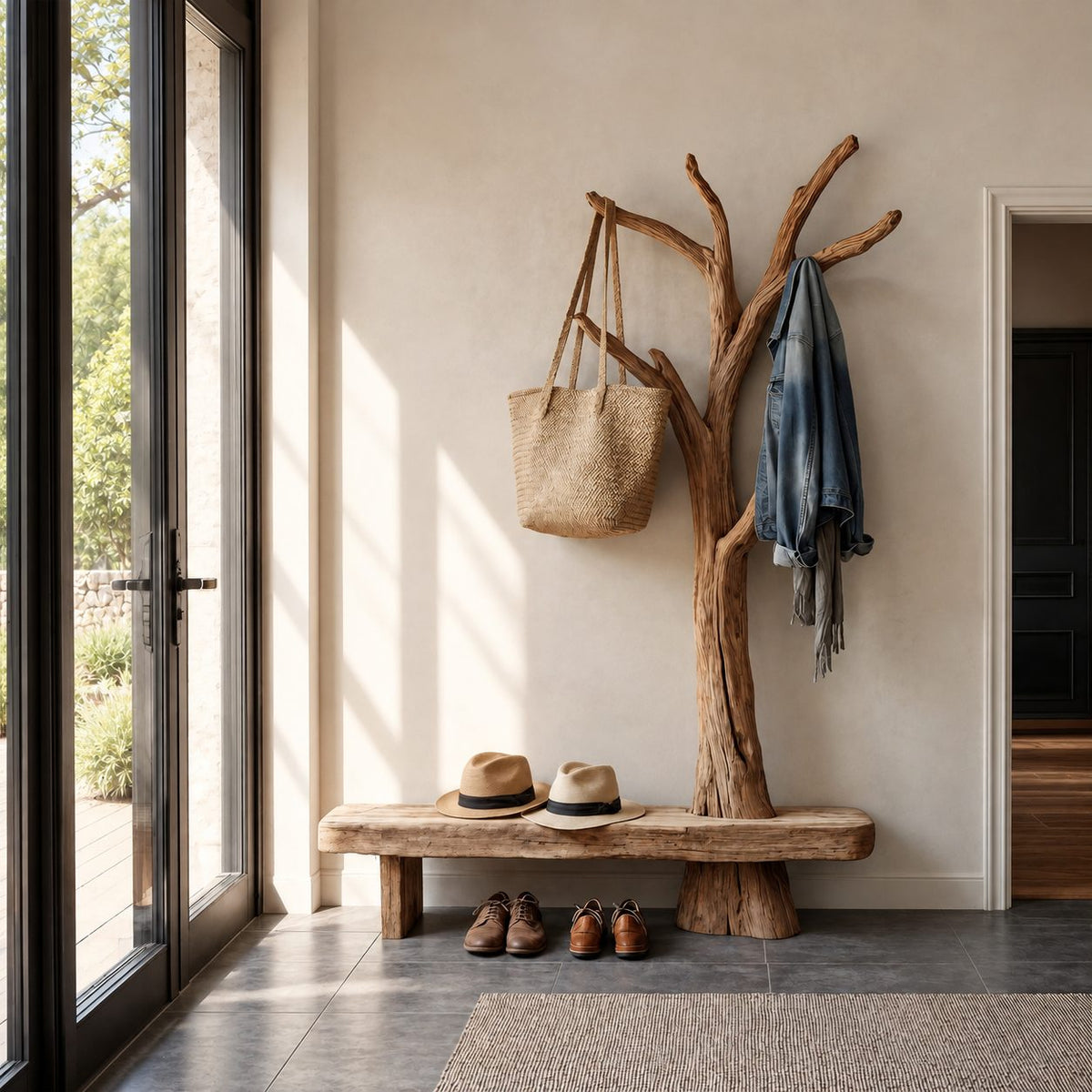 Live Edge Log Bench with Branch Tree Coat Rack, Rustic Solid Wood Entryway Hall Tree and Seat, 50 x 70 Inch