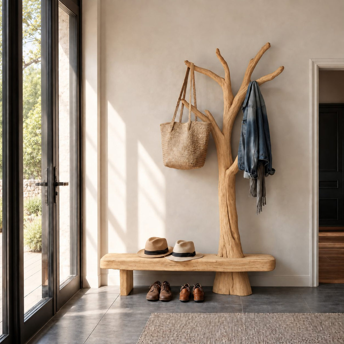 Live Edge Log Bench with Branch Tree Coat Rack, Rustic Solid Wood Entryway Hall Tree and Seat, 50 x 70 Inch