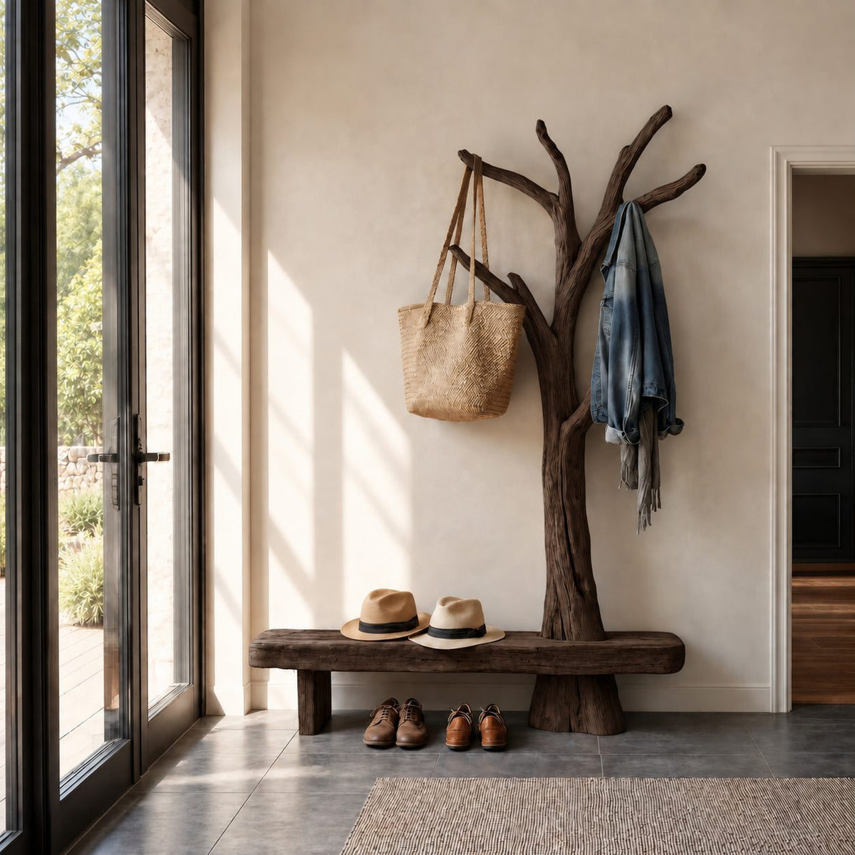 Live Edge Log Bench with Branch Tree Coat Rack, Rustic Solid Wood Entryway Hall Tree and Seat, 50 x 70 Inch