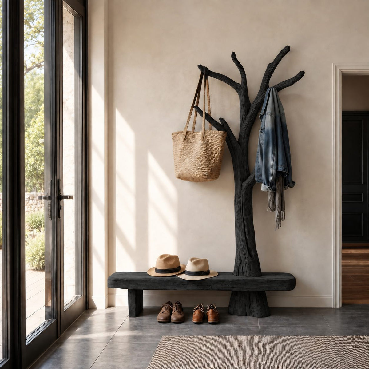 Live Edge Log Bench with Branch Tree Coat Rack, Rustic Solid Wood Entryway Hall Tree and Seat, 50 x 70 Inch