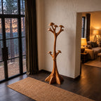 Mushroom Cap Tree Coat Rack Freestanding, Carved Solid Wood Hall Tree with Flared Root Base, 63-78 Inch