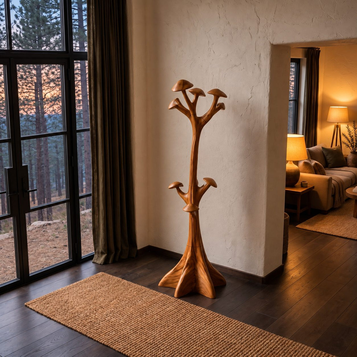 Mushroom Cap Tree Coat Rack Freestanding, Carved Solid Wood Hall Tree with Flared Root Base, 63-78 Inch