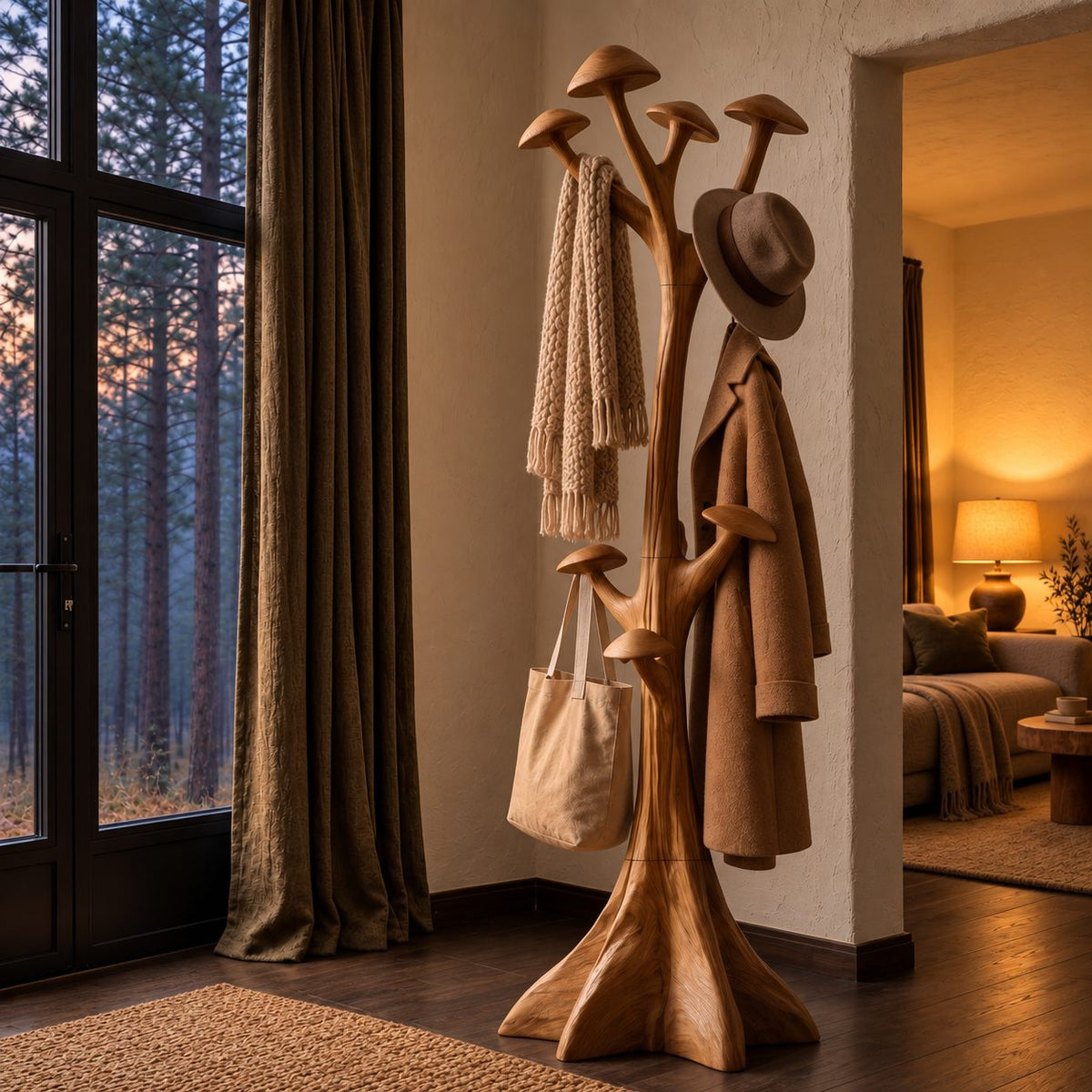 Mushroom Cap Tree Coat Rack Freestanding, Carved Solid Wood Hall Tree with Flared Root Base, 63-78 Inch