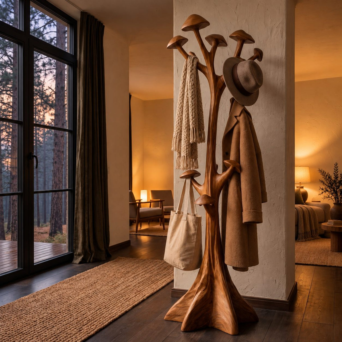 Mushroom Cap Tree Coat Rack Freestanding, Carved Solid Wood Hall Tree with Flared Root Base, 63-78 Inch