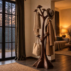 Mushroom Cap Tree Coat Rack Freestanding, Carved Solid Wood Hall Tree with Flared Root Base, 63-78 Inch