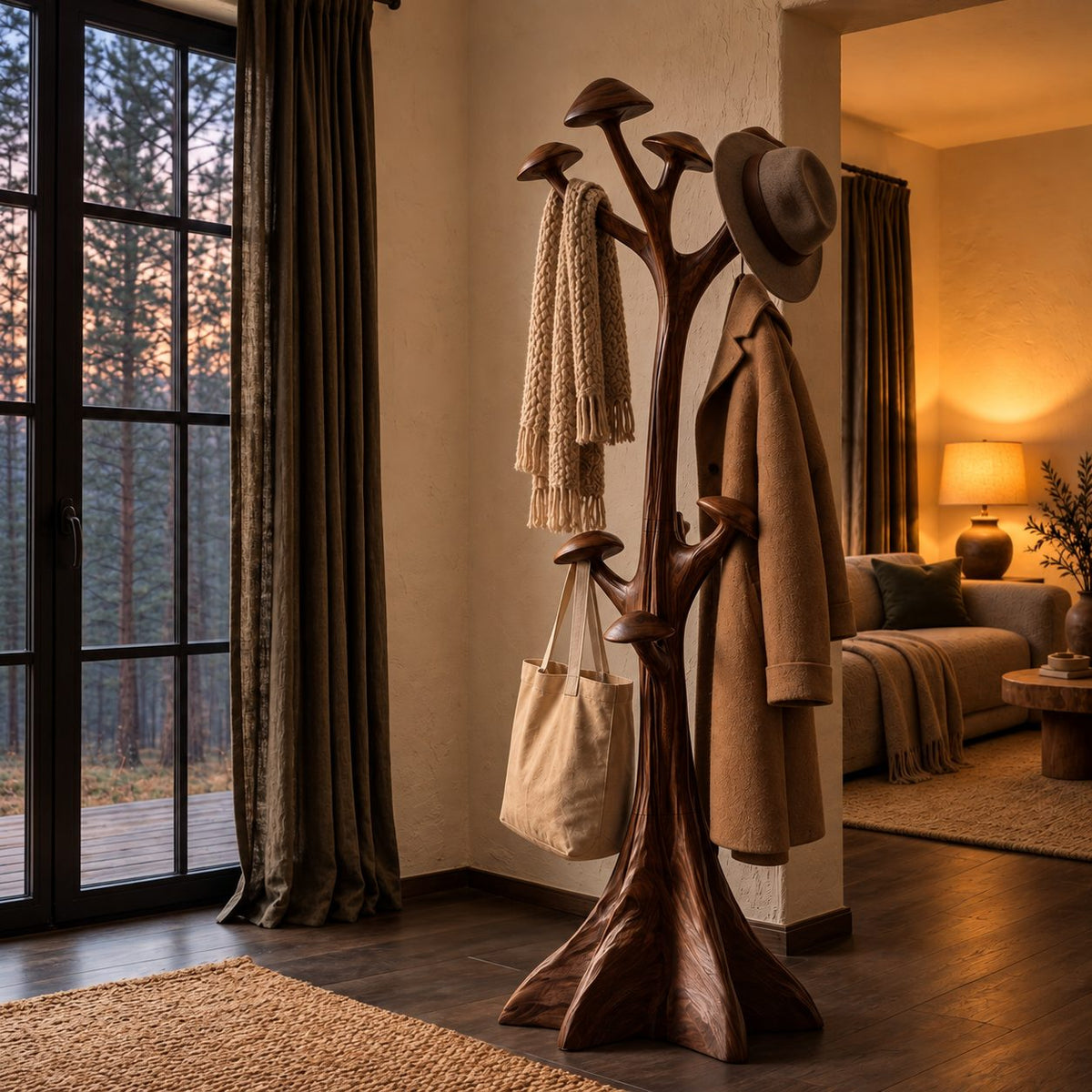 Mushroom Cap Tree Coat Rack Freestanding, Carved Solid Wood Hall Tree with Flared Root Base, 63-78 Inch