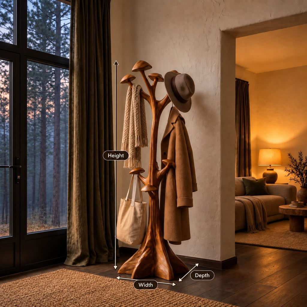Mushroom Cap Tree Coat Rack Freestanding, Carved Solid Wood Hall Tree with Flared Root Base, 63-78 Inch