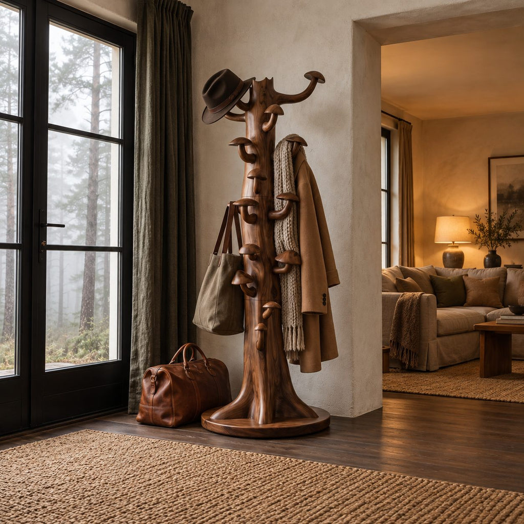 Mushroom Hook Tree Trunk Coat Rack, Freestanding Solid Wood Coat Stand on Round Base, 63-70 Inch