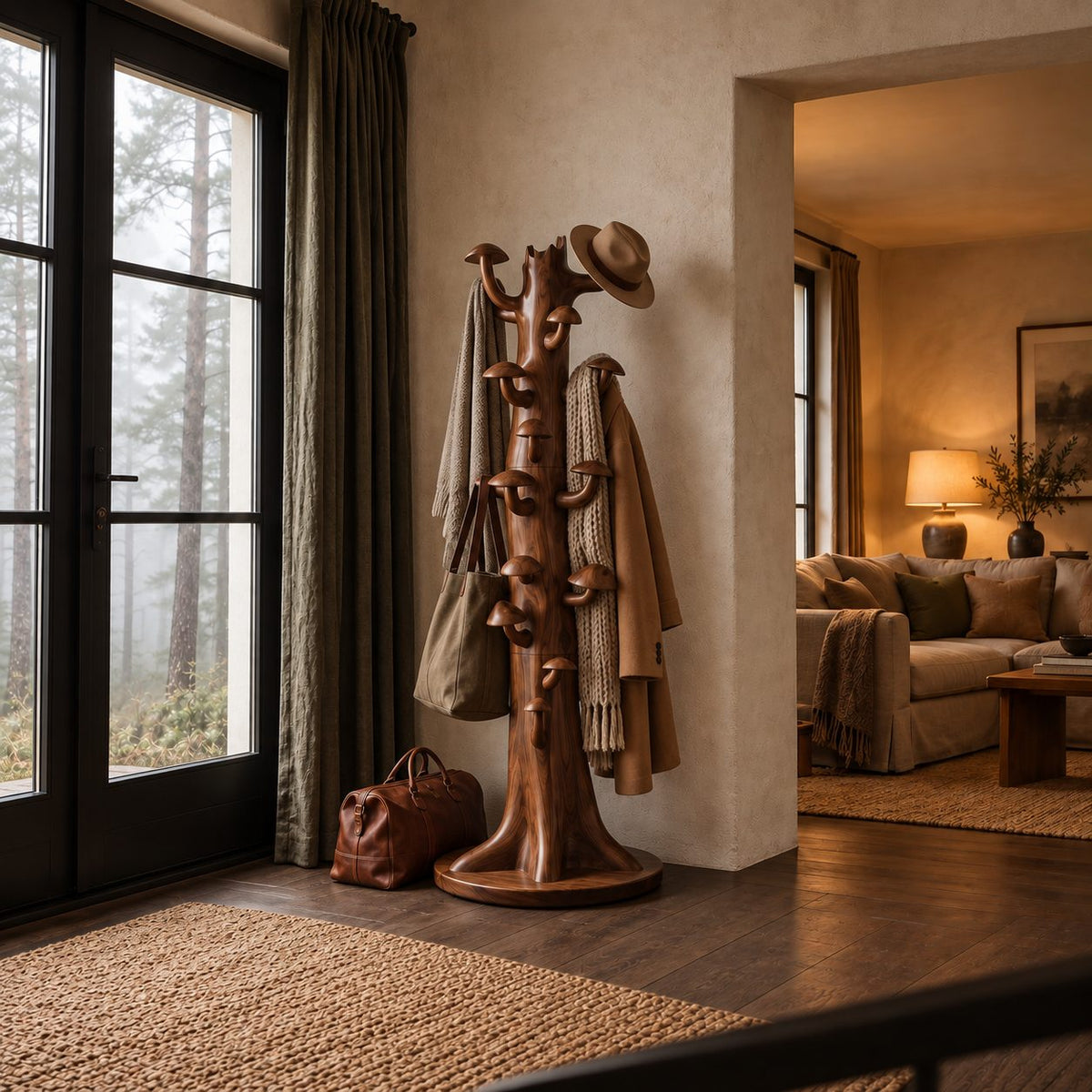 Mushroom Hook Tree Trunk Coat Rack, Freestanding Solid Wood Coat Stand on Round Base, 63-70 Inch