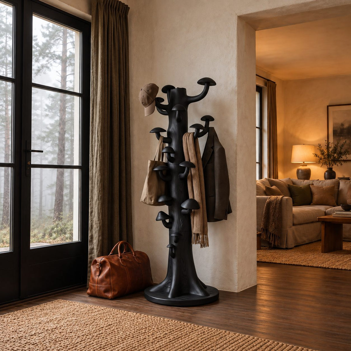 Mushroom Hook Tree Trunk Coat Rack, Freestanding Solid Wood Coat Stand on Round Base, 63-70 Inch