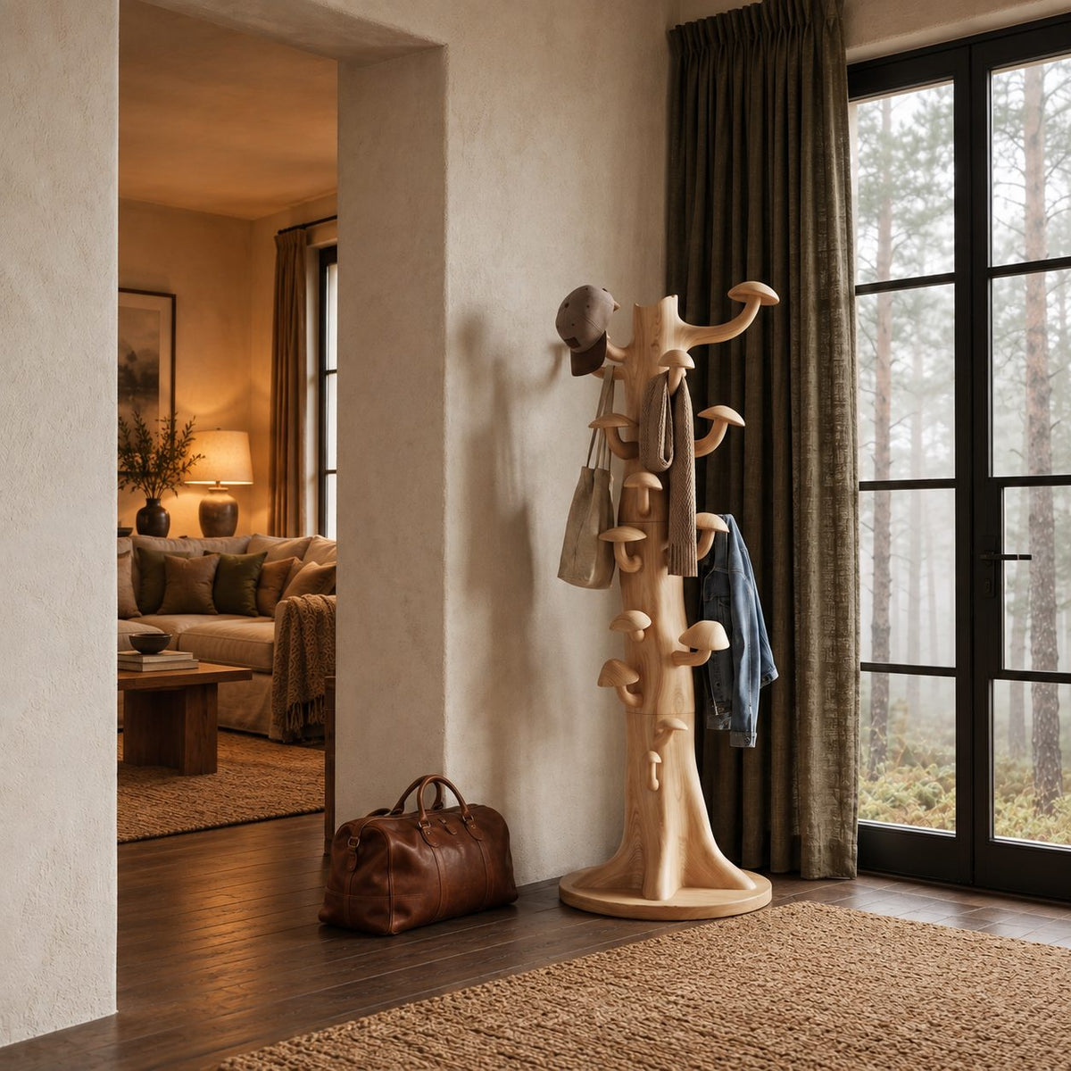 Mushroom Hook Tree Trunk Coat Rack, Freestanding Solid Wood Coat Stand on Round Base, 63-70 Inch