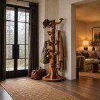 Mushroom Hook Tree Trunk Coat Rack, Freestanding Solid Wood Coat Stand on Round Base, 63-70 Inch