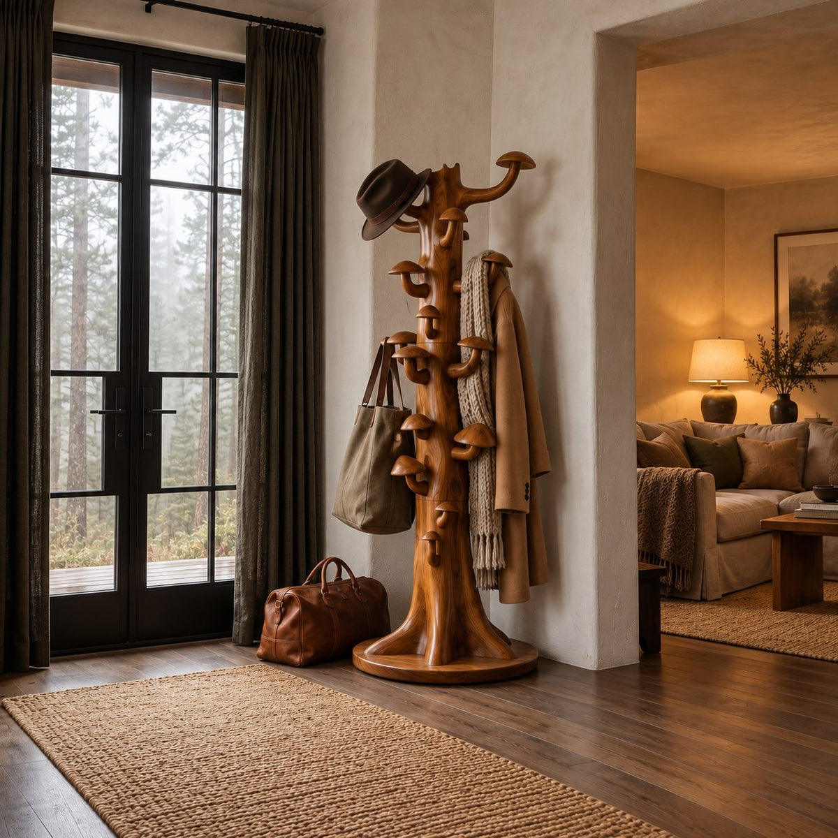 Mushroom Hook Tree Trunk Coat Rack, Freestanding Solid Wood Coat Stand on Round Base, 63-70 Inch