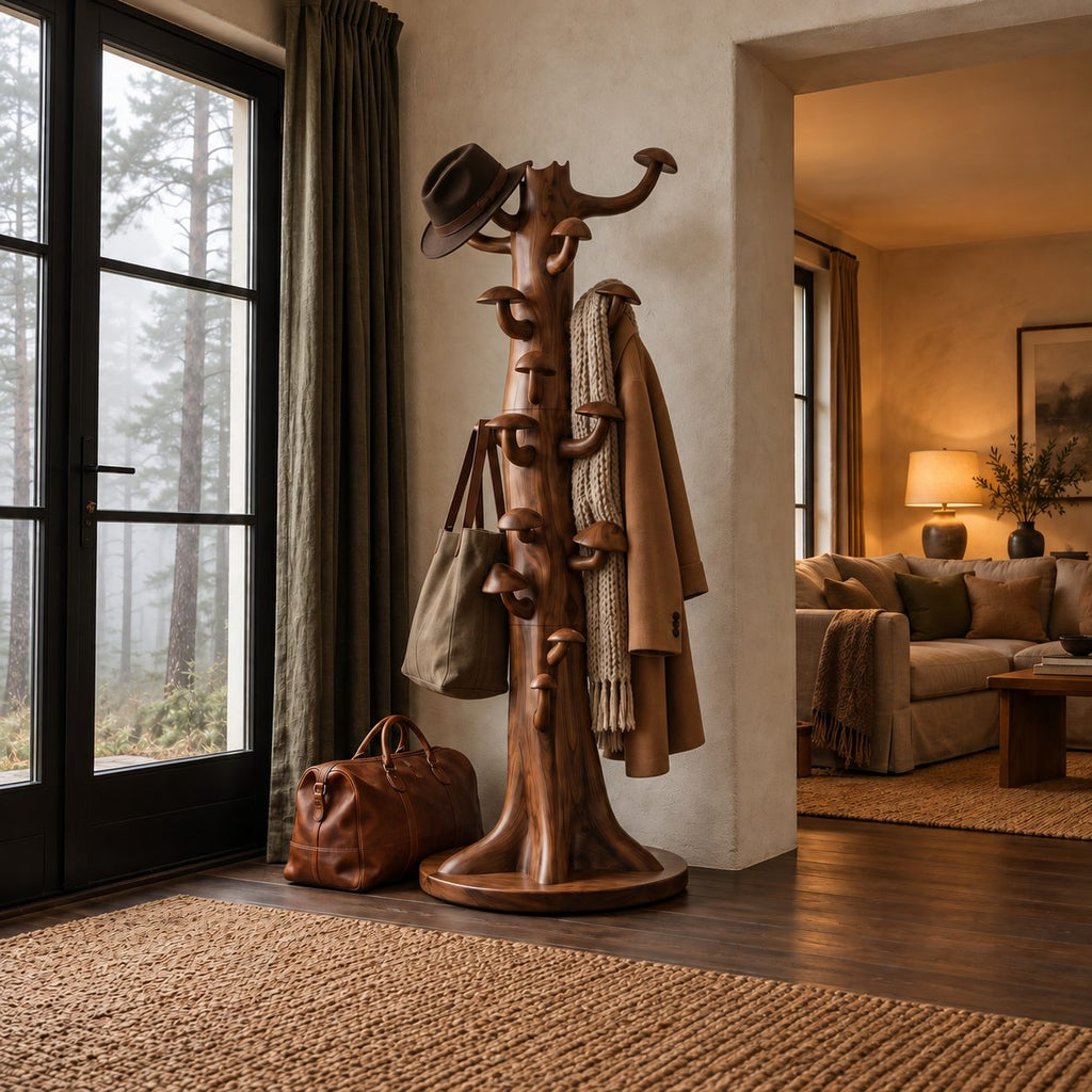 Mushroom Hook Tree Trunk Coat Rack, Freestanding Solid Wood Coat Stand on Round Base, 63-70 Inch
