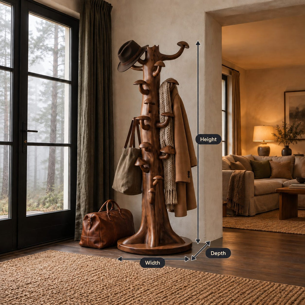 Mushroom Hook Tree Trunk Coat Rack, Freestanding Solid Wood Coat Stand on Round Base, 63-70 Inch
