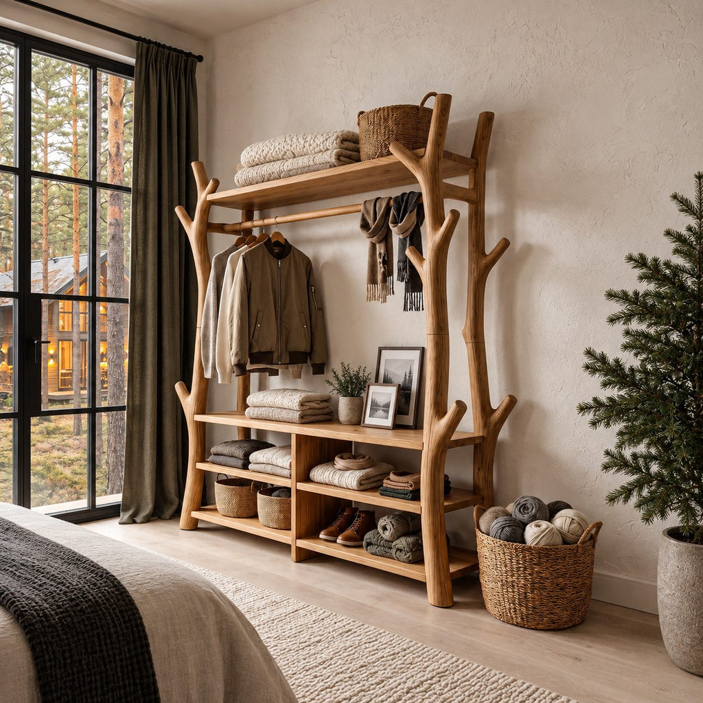Branch Frame Clothes Rack with Shoe Bench Cubbies, Open Solid Wood Wardrobe and Hall Tree, 65 x 88 Inch