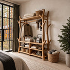 Branch Frame Clothes Rack with Shoe Bench Cubbies, Open Solid Wood Wardrobe and Hall Tree, 65 x 88 Inch