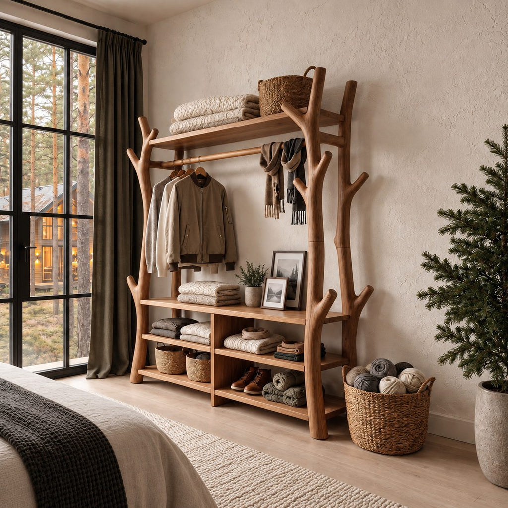 Branch Frame Clothes Rack with Shoe Bench Cubbies, Open Solid Wood Wardrobe and Hall Tree, 65 x 88 Inch