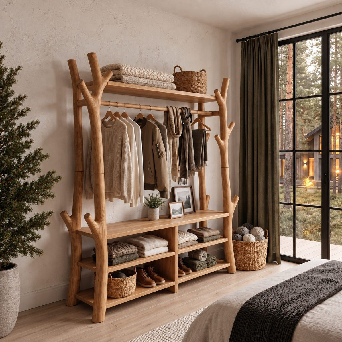 Branch Frame Clothes Rack with Shoe Bench Cubbies, Open Solid Wood Wardrobe and Hall Tree, 65 x 88 Inch