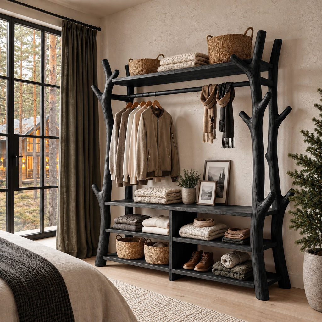 Branch Frame Clothes Rack with Shoe Bench Cubbies, Open Solid Wood Wardrobe and Hall Tree, 65 x 88 Inch