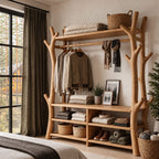 Branch Frame Clothes Rack with Shoe Bench Cubbies, Open Solid Wood Wardrobe and Hall Tree, 65 x 88 Inch