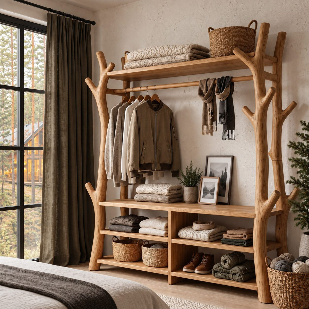 Branch Frame Clothes Rack with Shoe Bench Cubbies, Open Solid Wood Wardrobe and Hall Tree, 65 x 88 Inch