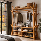 Branch Frame Clothes Rack with Shoe Bench Cubbies, Open Solid Wood Wardrobe and Hall Tree, 65 x 88 Inch