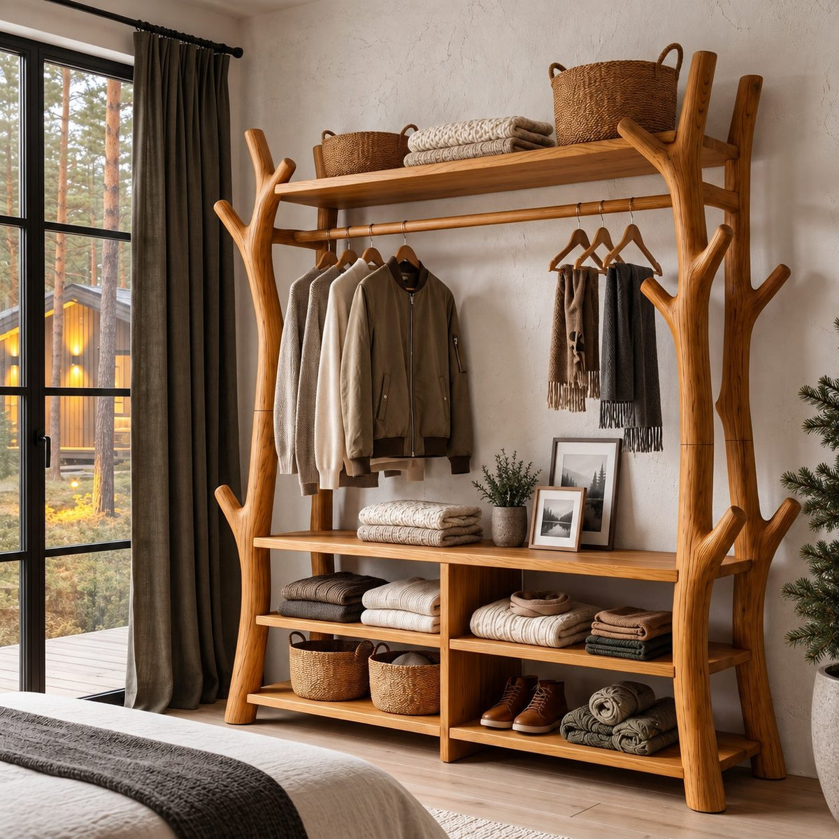 Branch Frame Clothes Rack with Shoe Bench Cubbies, Open Solid Wood Wardrobe and Hall Tree, 65 x 88 Inch