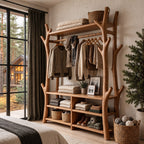 Branch Frame Clothes Rack with Shoe Bench Cubbies, Open Solid Wood Wardrobe and Hall Tree, 65 x 88 Inch
