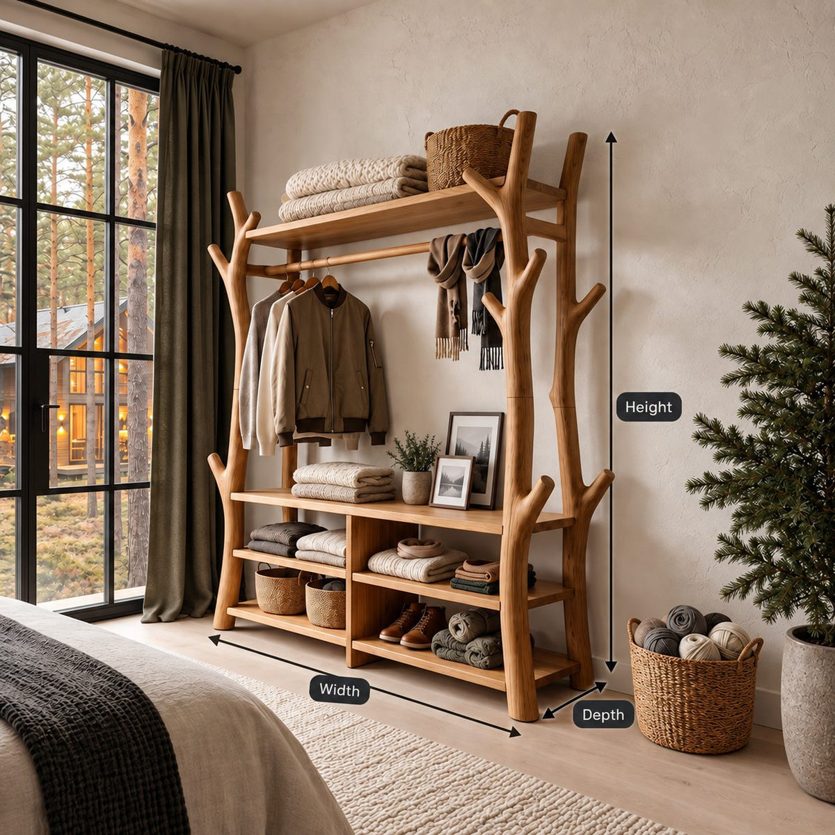 Branch Frame Clothes Rack with Shoe Bench Cubbies, Open Solid Wood Wardrobe and Hall Tree, 65 x 88 Inch