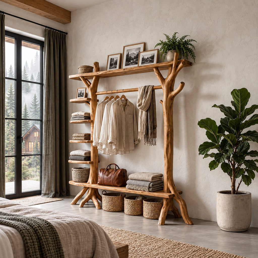 Branch Post Garment Rack with Side Shelf Column, Open Solid Wood Wardrobe Organizer, 65 x 88 Inch