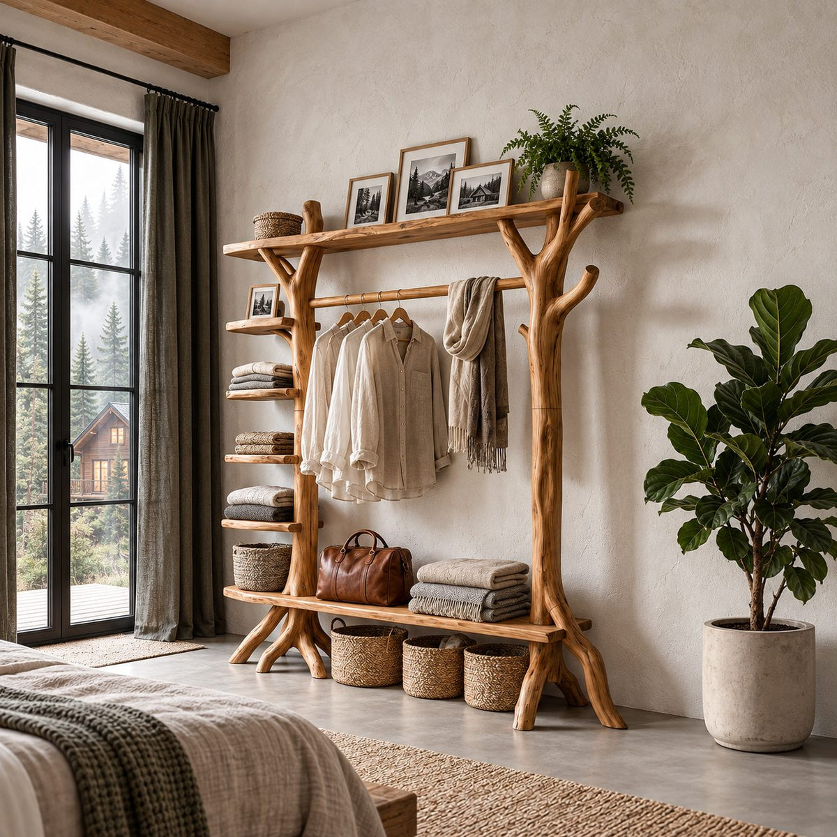 Branch Post Garment Rack with Side Shelf Column, Open Solid Wood Wardrobe Organizer, 65 x 88 Inch
