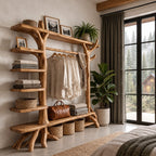 Branch Post Garment Rack with Side Shelf Column, Open Solid Wood Wardrobe Organizer, 65 x 88 Inch