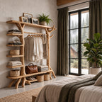 Branch Post Garment Rack with Side Shelf Column, Open Solid Wood Wardrobe Organizer, 65 x 88 Inch