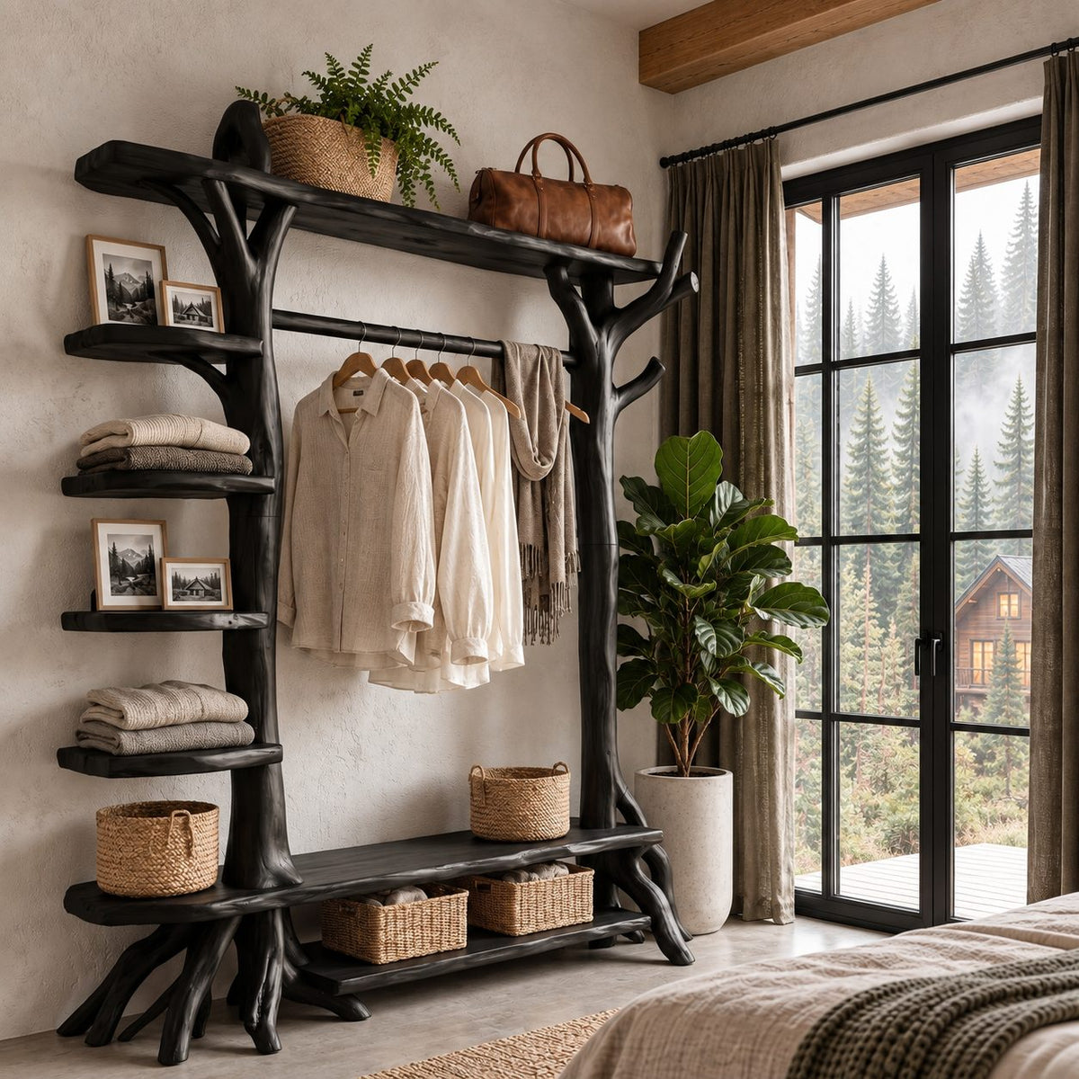 Branch Post Garment Rack with Side Shelf Column, Open Solid Wood Wardrobe Organizer, 65 x 88 Inch