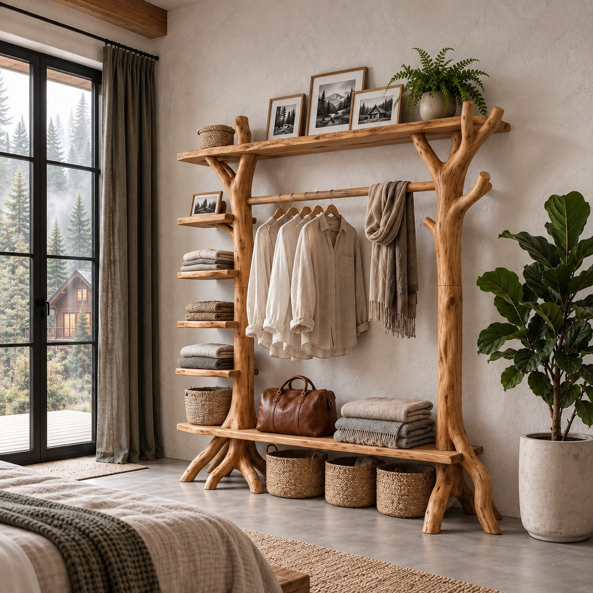 Branch Post Garment Rack with Side Shelf Column, Open Solid Wood Wardrobe Organizer, 65 x 88 Inch