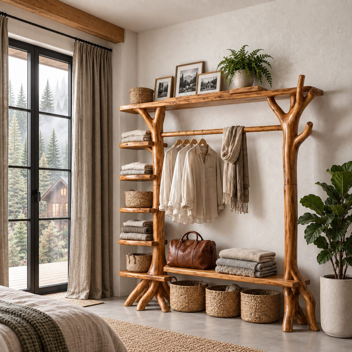 Branch Post Garment Rack with Side Shelf Column, Open Solid Wood Wardrobe Organizer, 65 x 88 Inch